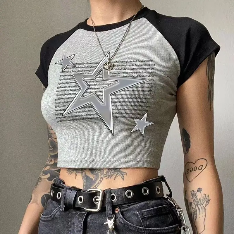 Punk Liquid Metal Star Print Varnish Short Sleeves for Women in Summer New Niche Slim Turtle Shorts Top