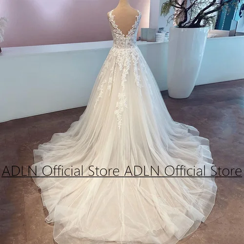 Imagen 2 del producto Vestidos De Novia vestido De Novia personalizado cuello pico sin mangas apliques tren De barrido una línea vestido De Novia con purpurina para mujer novia