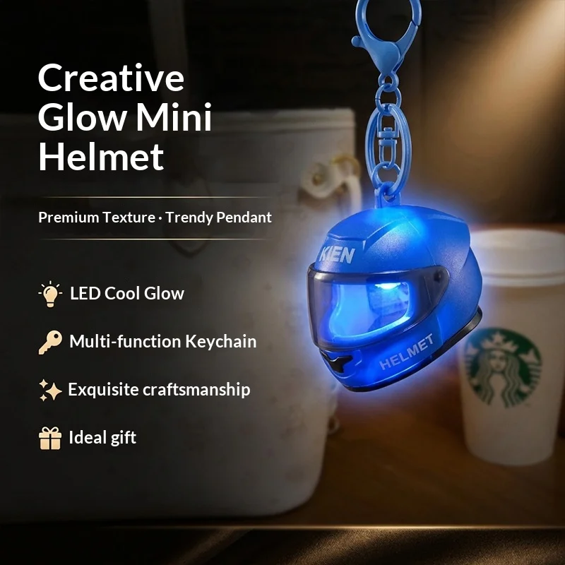 Simulation Luminous Helmet Keychain LED-lit Helmet Night Light Decorations Keyring Ornaments Model Toy Gifts for Men Boyfriends