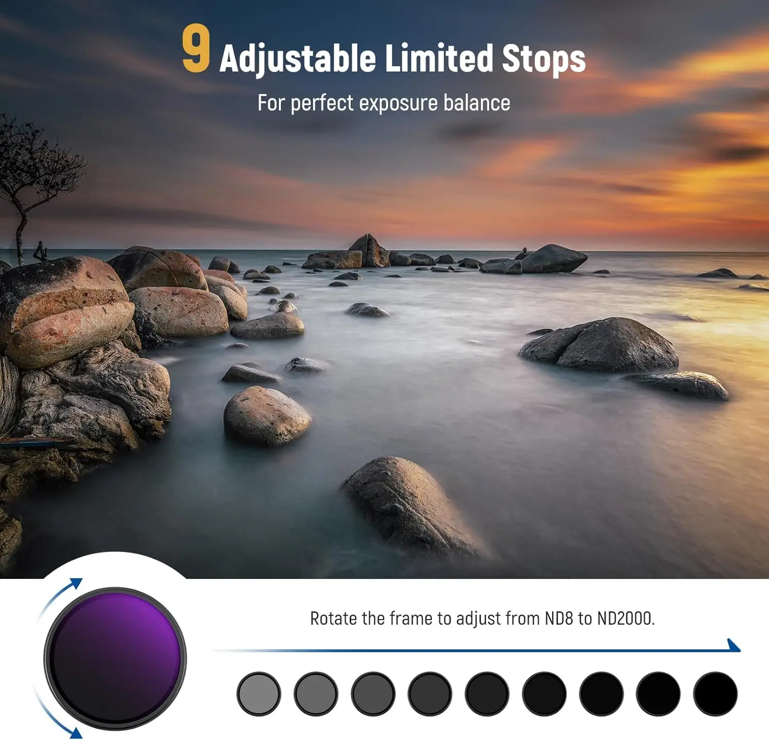 NEEWER 49mm Variable ND Filter True Color & Hard Stop Adjustable Limited Neutral Density Lens Filter for DSLR Mirrorless Cameras