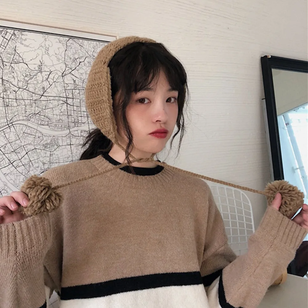 

Вязаные наушники в стиле ретро, утолщенные однотонные наушники, повязка на голову, защита ушей с шариком волос, зимние наушники для девочек