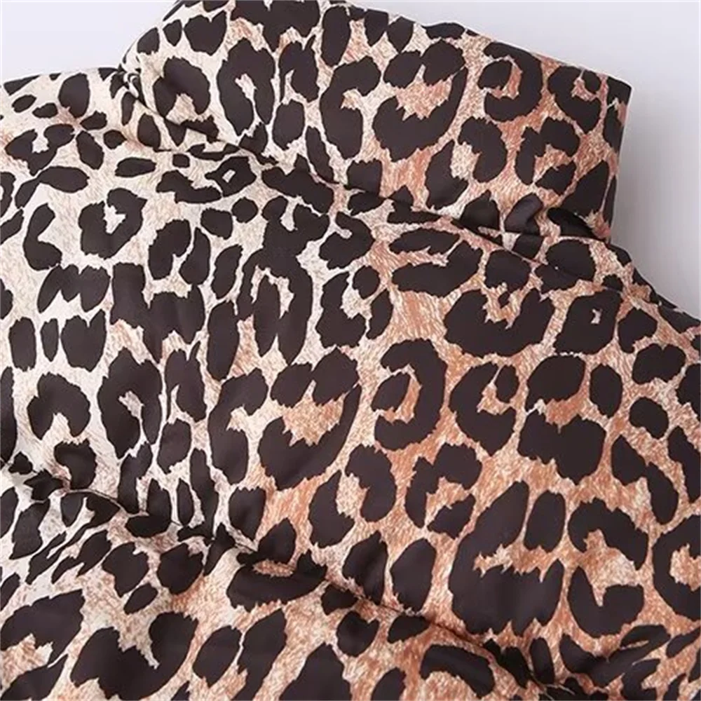 TRAF 2024 Autumn/Winter New Product Women\'s Casual Versatile Stand Collar Long Sleeve Leopard Print Thick Cotton Coat