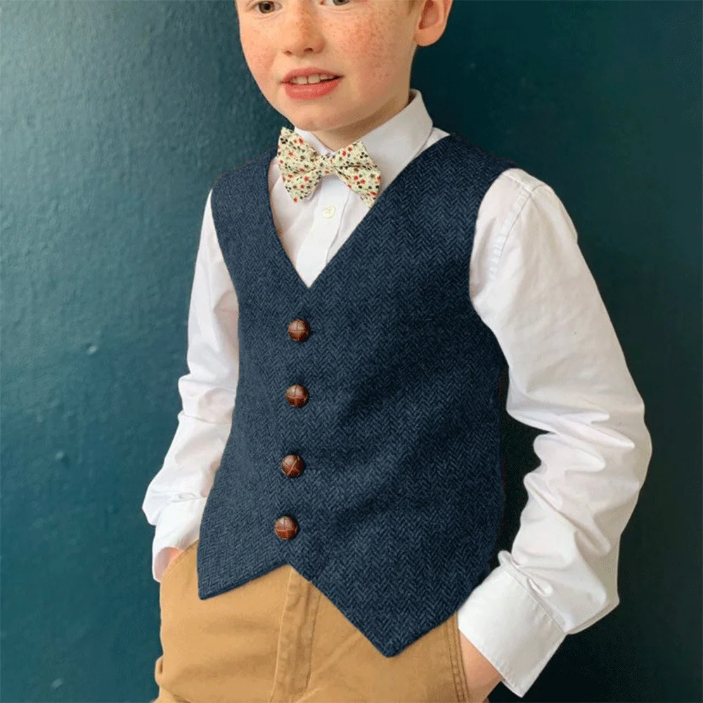 Gilet en tweed à chevrons pour garçons, col en V, simple boutonnage, gilet imbibé pour mariage, robe formelle pour enfants, gilet décontracté pour enfants