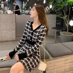 New Women's Elegant V-Neck Knitted Sweater Dress New Autumn Winter Korean Fashion Long Sleeve Slim Temperament Knitting Dresses