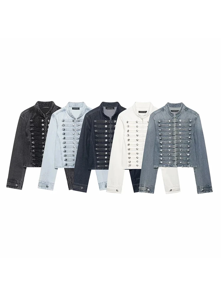 Damen Urlaubs-Chic Jeansjacke Lässige Damenjacke mit Stehkragen Knöpfe Langarm Kurze Jacke Modische Damenmäntel