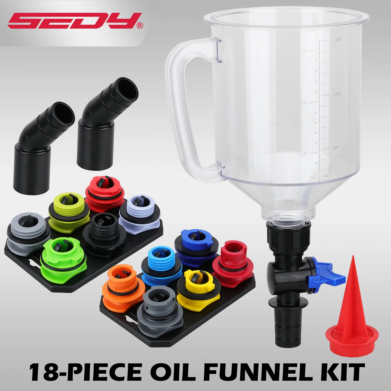18-Piece Engine Oil Funnel Set, 1.59 qt Automotive Oil Funnel Kit with 12 Adapters, Elbow Fitting, Arrow Screen Magnetic Storage