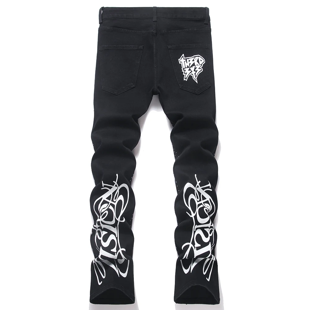 Men's Crystal Bootcut Denim Jeans Streetwear Flame Lightning Print Pants Fashion Punk Black Stretch Slim Flared Trousers