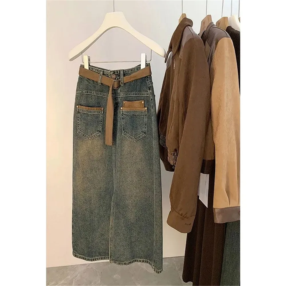 Koreaanse Jeans Lange Rok Met Riem Damesmode Met Riem Met Hoge Taille Rechte Demin Rok All-Match Zakken Midi Faldas