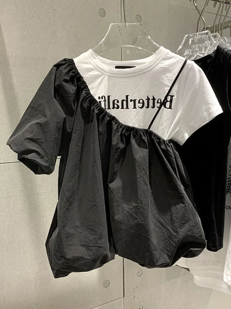 

plus Size Women's T-irt Summer Loose Meat Concealing Letter Print Splicing Trendy Fake Two-Piece Casual Comfortable Top