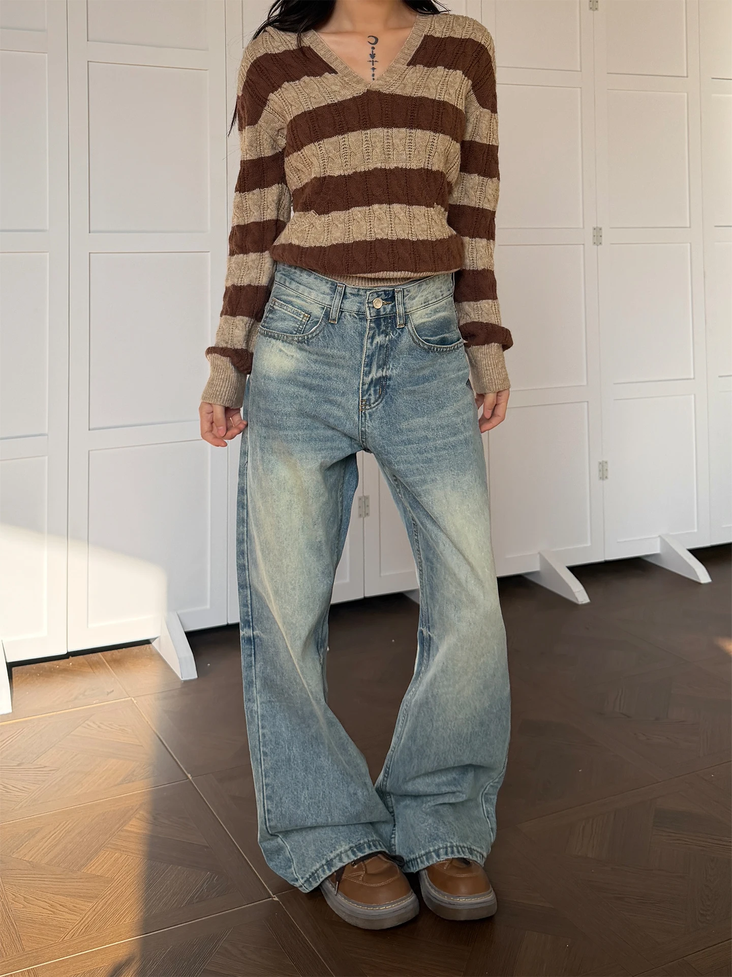 

Джинсы унисекс в стиле ретро, американского дизайна, широкие, прямые, свободные, из денима, повседневные, однотонные, без стрейча, с высокой талией