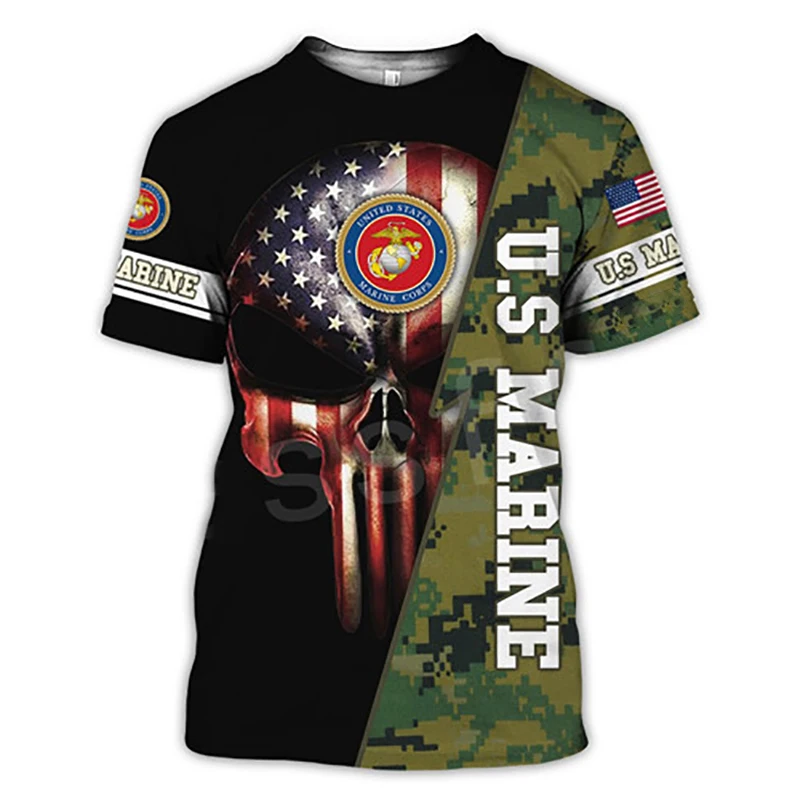 American Flag Soldier Camo Skull 3D Harajuku Print Fashion Tough Guy Street Hip-Hop Casual Round Neck Short Sleeve T-shirt Tops