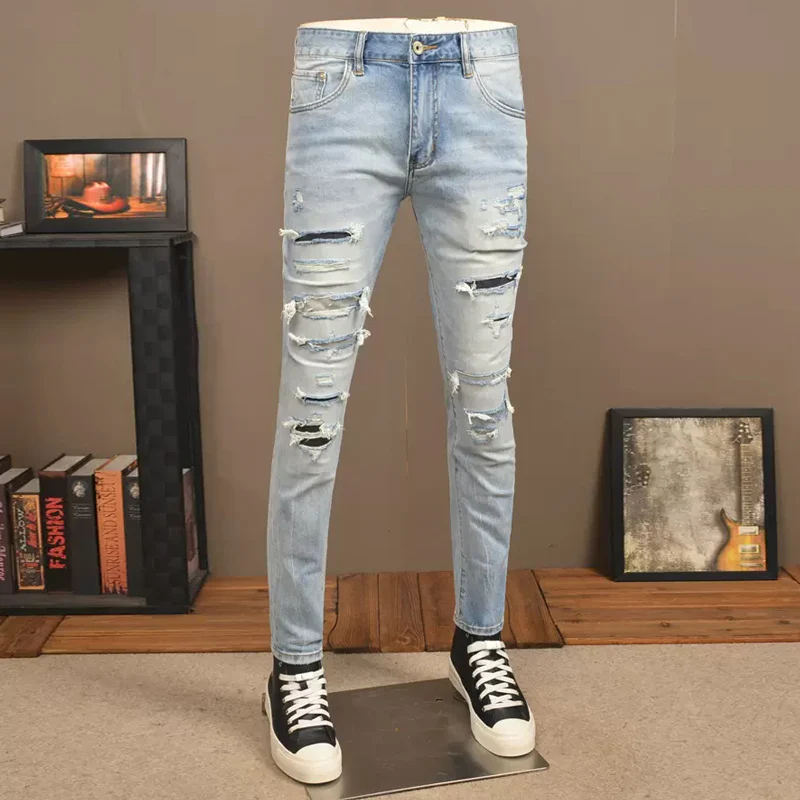 Street Fashion Men's Light Blue Jeans Elastic Slim Fit Split Wash Retro Hole Patch Jeans Designer Brand Pants hombe