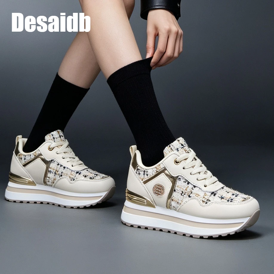 Desaidb Women's Spliced Upper Casual Sneakers, Rhinestone Letter Fashion White Shoes, Trendy Platform Thick Sole Shoes