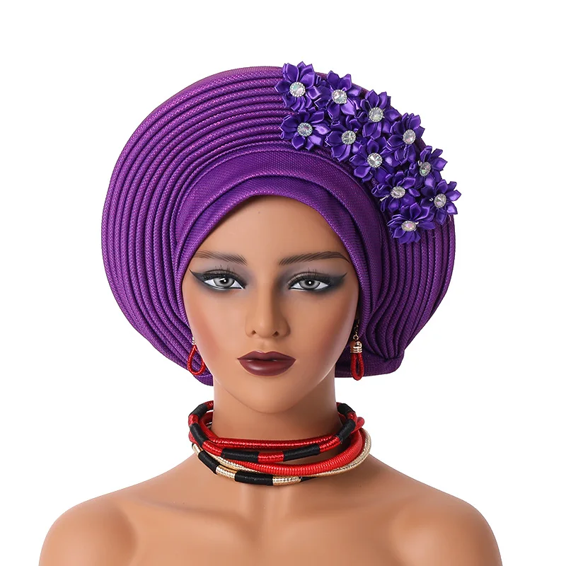 

African Headtie Turban Nigerian Aso Oke Diamonds Flower Hijab Hat Muslim Headwear Gele Head Wrap Headtie High Quality Bonnet Cap