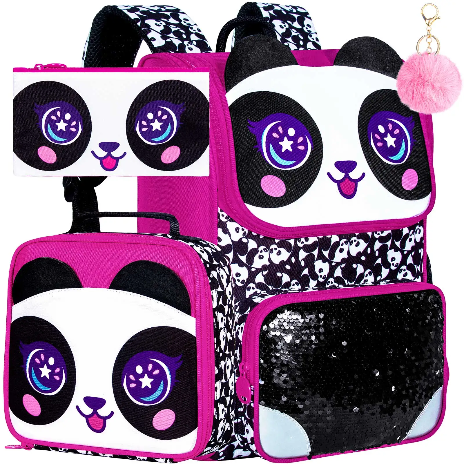 

3PCS Backpack for Girls and Boys, 15" Panda Black Bookbag with Lunch Box, Kids Preschool School bag