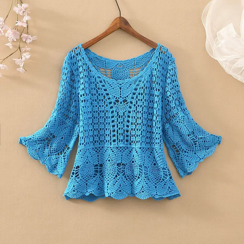 Lady Spring Summer 2023 Fashion New Loose Five-point Sleeve Short Round Neck Solid Color Plaid Casual Female Hollow Out Lace Top