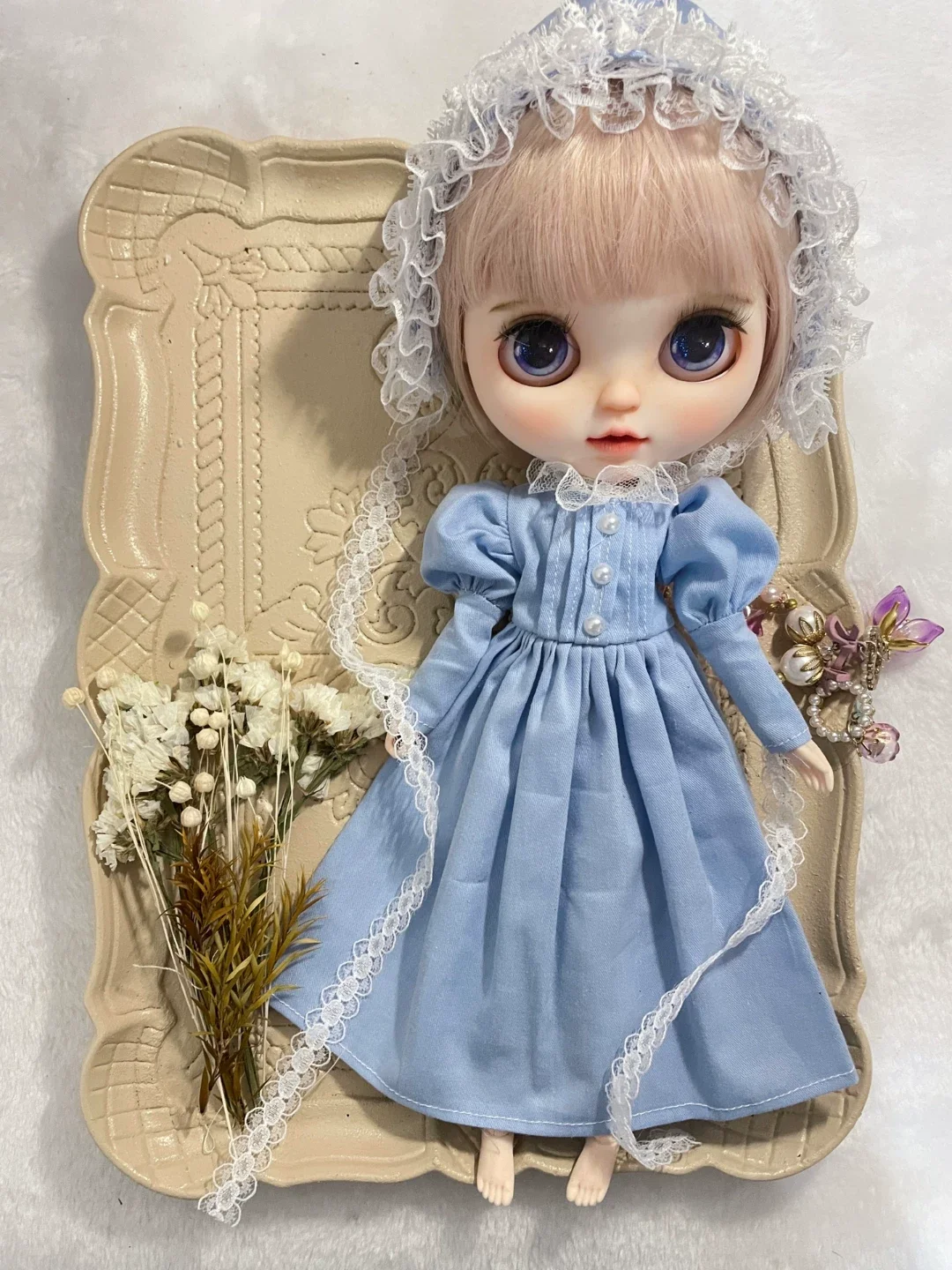 

Ручной работы Blyth OB24 Azone19 аксессуар для кукольной одежды светло-голубой винтажный комплект платья со шляпой подходит для девочек фигурка модель DIY ﻿