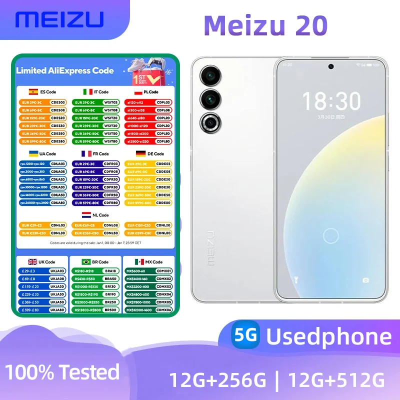 Meizu 20 5g Smartphone CPU Snapdragon 8 Gen2 Screen 6.55-inches 50MP+32MP Camera 4700mAh Battery Original Used Phone