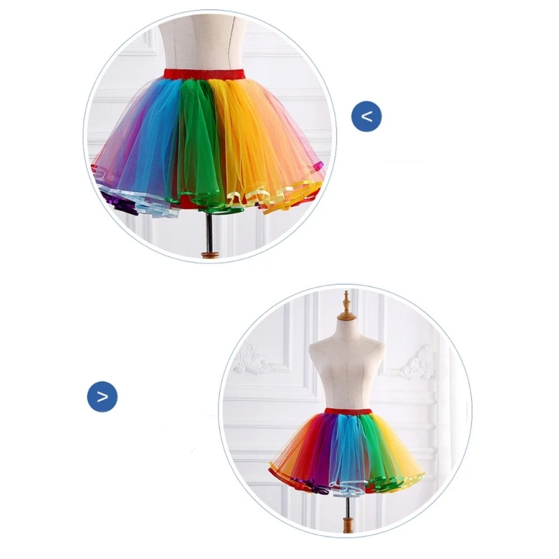 Vrouwen Hoge Taille Geplooide Mesh Midi Rok Regenboog Rok Gelaagde Tule Rok P8DB