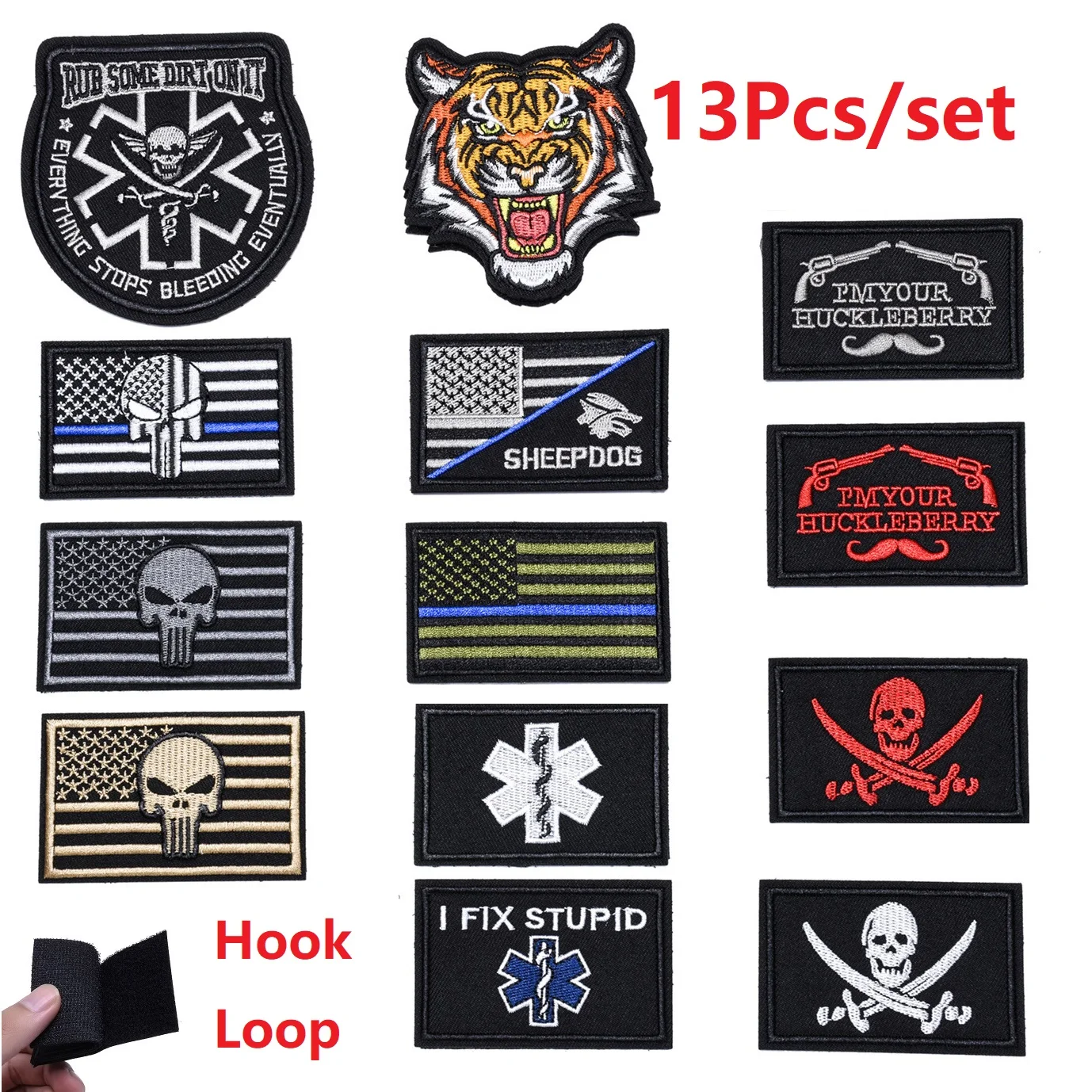 

13Pcs Tactical Morale Patches Skulls Punk Patch for Clothes Embroidered patch for on Backpack Hat Applique Hook Loop Stickers