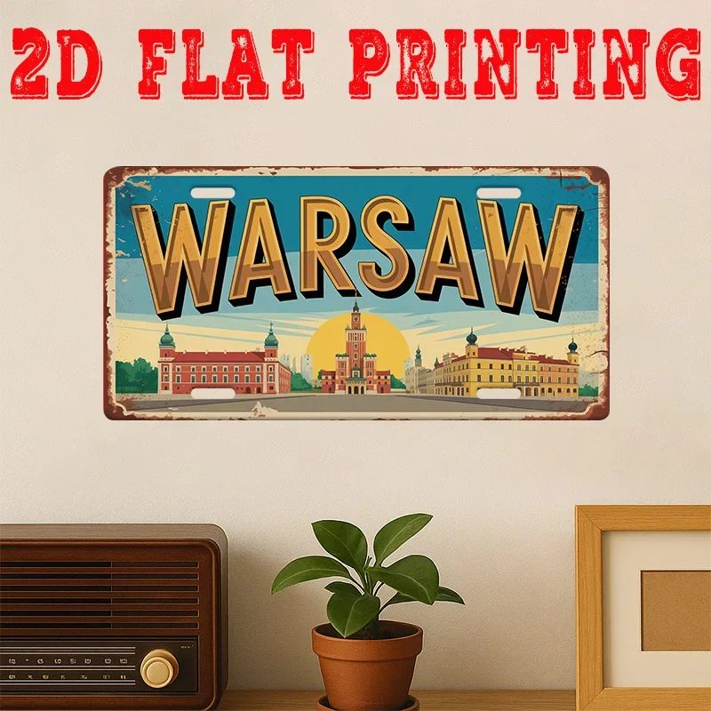 Vintage 2D Flat Warsaw Sign, - Metal Plate Featuring Polish Monument And Warsaw Architecture, Large Retro Wall Decoration