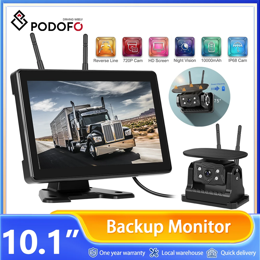 Podofo 10.1 "IPS HD affichage moniteur de vue arrière de voiture + caméra de recul solaire sans fil avec fonction d'enregistrement caméra de recul 720P
