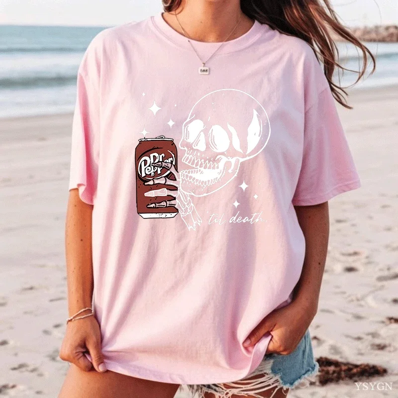 Till Death T-shirt Skeleton Halloween Tshirt Cute Dr Pepper T Shirt Skeleton Drinking Graphic T Shirts Cotton Short Sleeve Tees