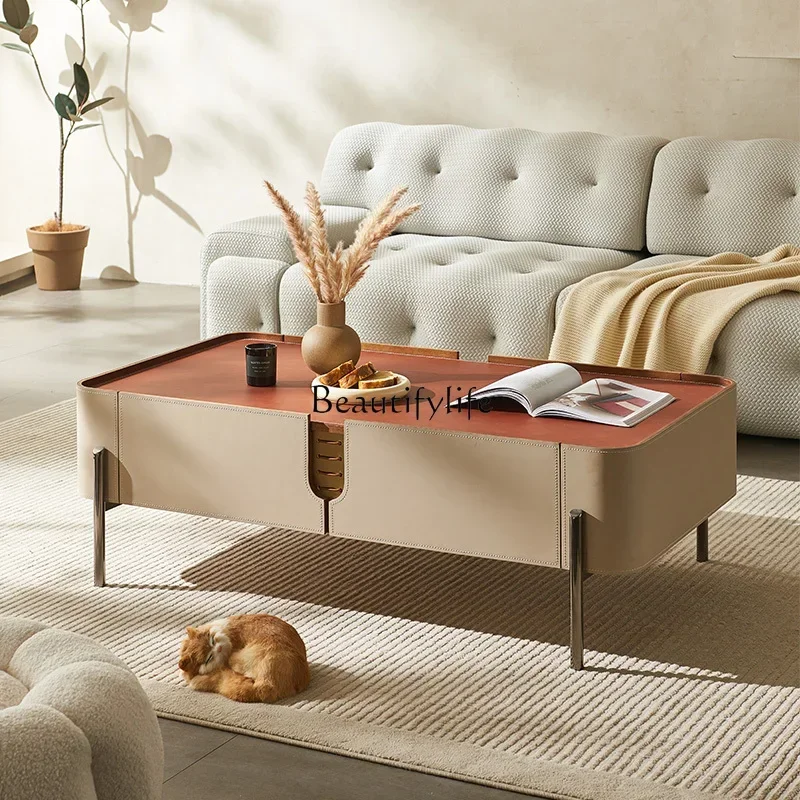 09 طاولة قهوة جلدية سرج خفيفة شقة صغيرة راقية طاولة قهوة زاوية مستديرة من الجلد الإبداعي