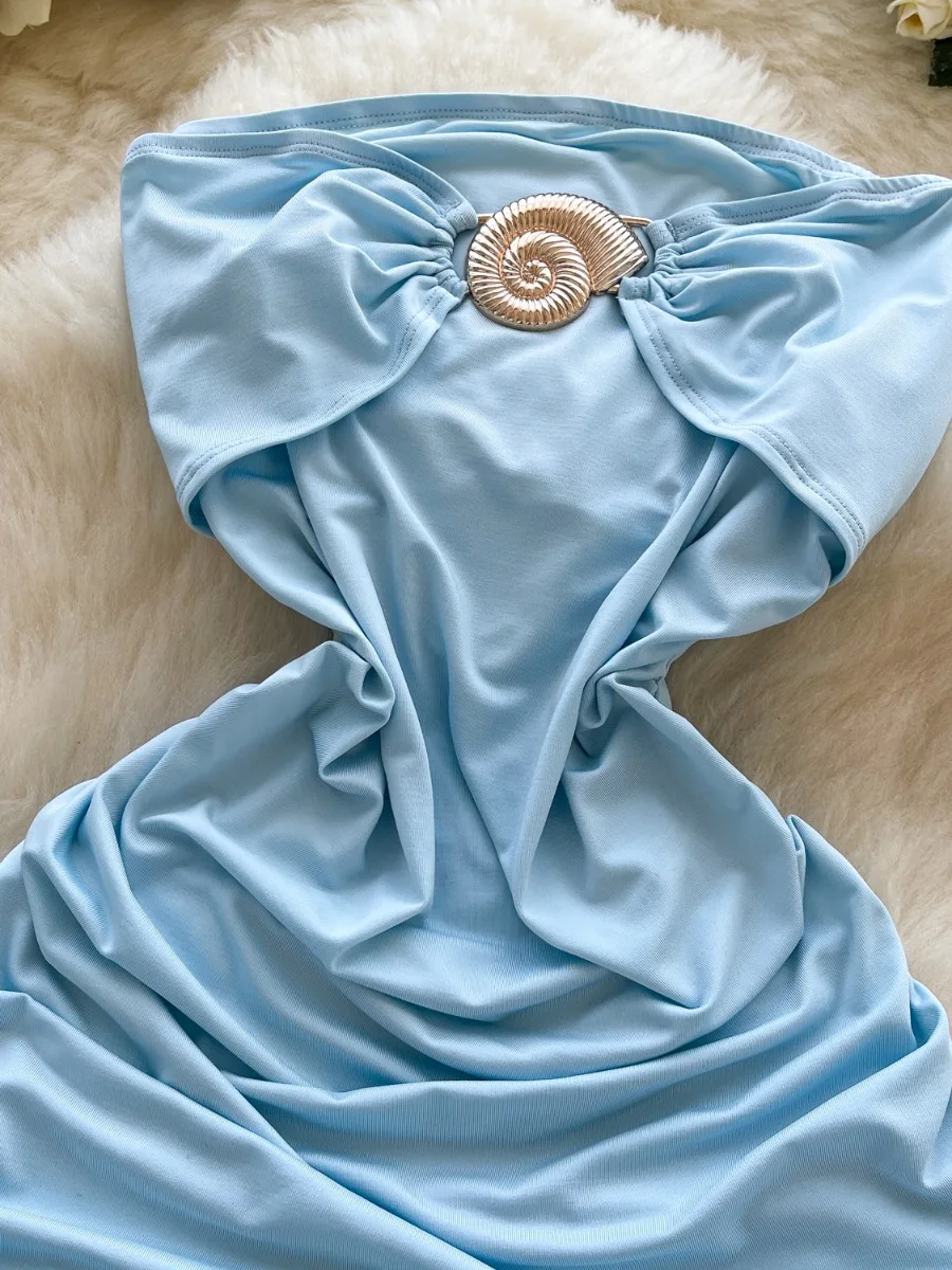 Foamlina Vacation Outfit Tube Dress Women Fashion Metal Buckle Sleeveless Bandeau Cinched Waist Bodycon Mini Dress