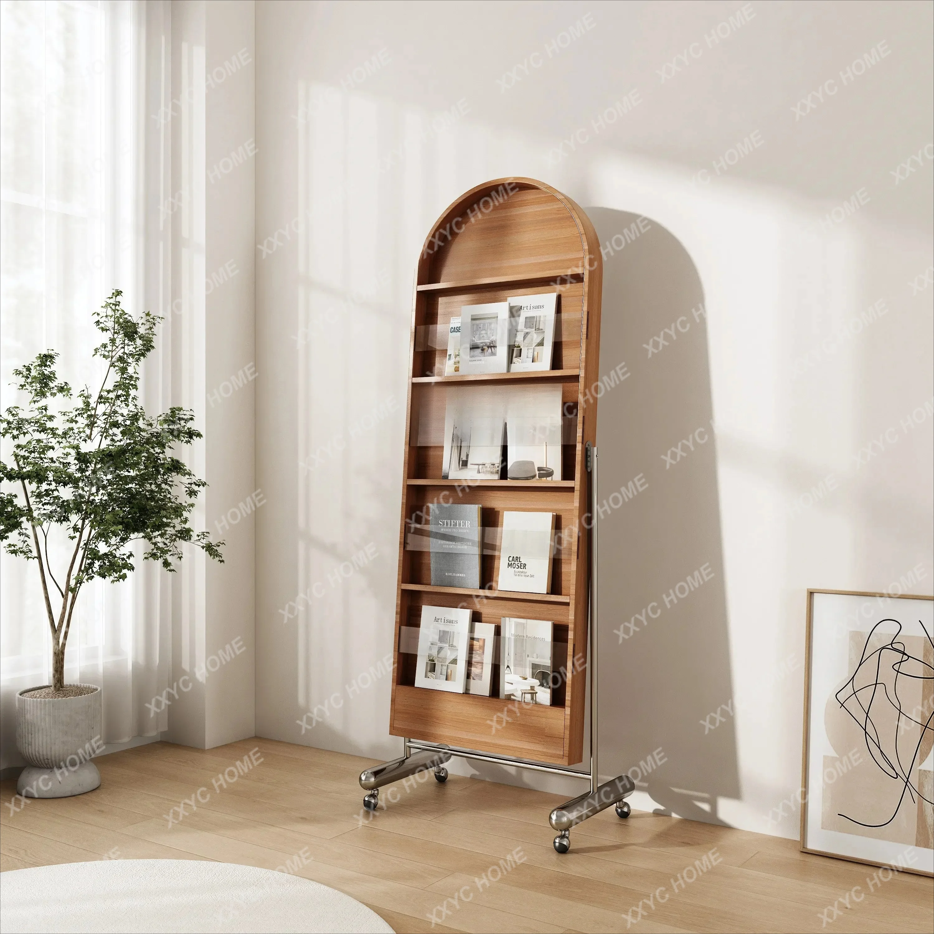 LMedieval Rotatable Full-Length Mirror Stainless Steel Solid Wood Magazine Rack Movable Multifunctional Dressing Mirror