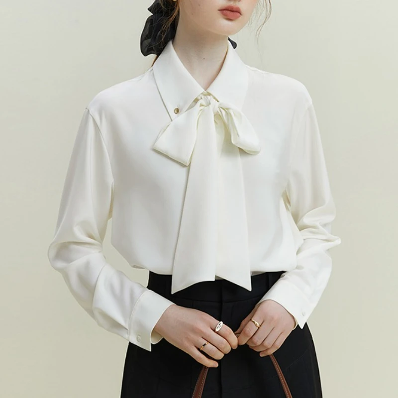 

Spring Autumn Elegant White Women's Bow Blouse 2025 New Long Sleeve Solid Korean Chiffon Casual Loose Office Lady Shirts Female