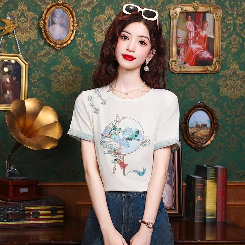 

Cotton Chinese Style Women's T-shirt Summer Embroidery Tees Short Sleeve Loose Women Tops Vintage O-necks Clothing