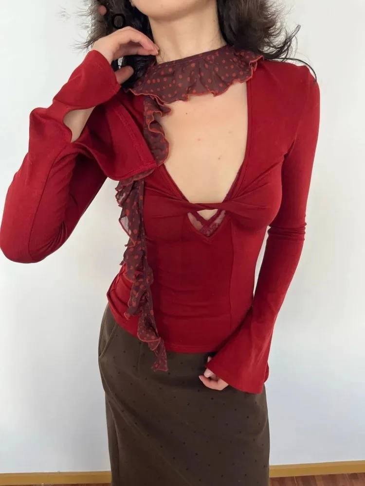 Sexy Lace Spliced Hollow Out Twist V Neck T-shirt Women Retro Slim Fit Long Sleeve Base Tops Simple Spicy Girl Y2k Tees
