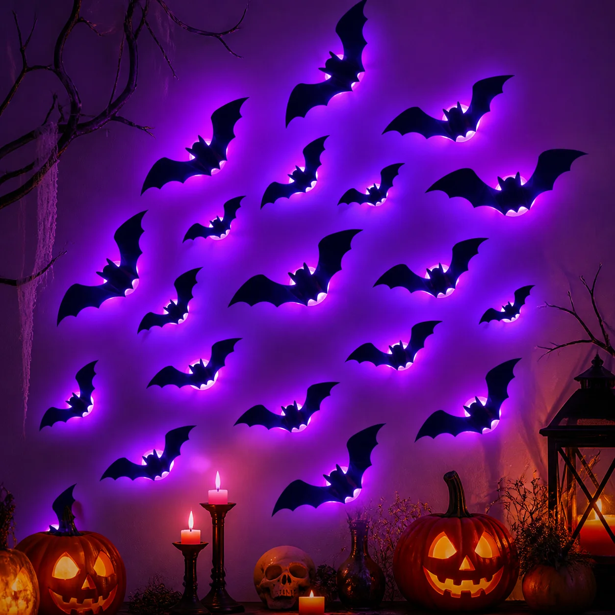 Halloween 3D Fledermaus Wandaufkleber LED Leuchtende Lila Fledermaus Nachtlicht Deko Selbstklebend PVC für Innen- und Außenbereich Party Spukhaus