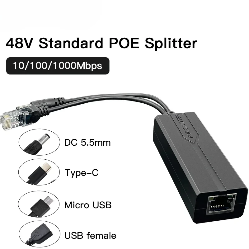 4個の48vから5v-12vへのpoeスプリッター、12a-2a、マイクロusbおよびtype-cをサポート、cctvシステム用10-100-1000mbps対応