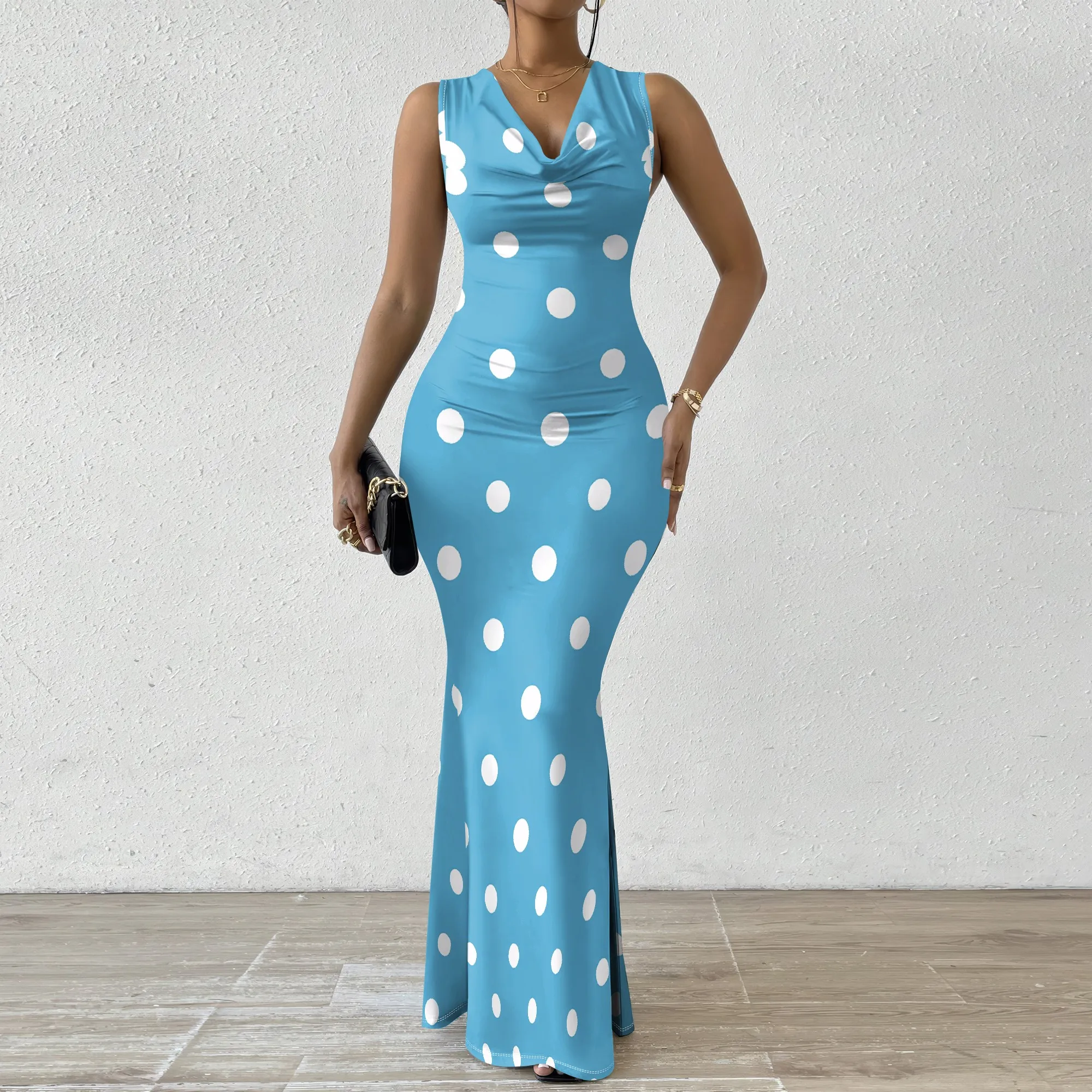 

Women's Polka Dot Maxi Dress Cowl Neck Sleeveless Bodycon Mermaid Dress S-2XL