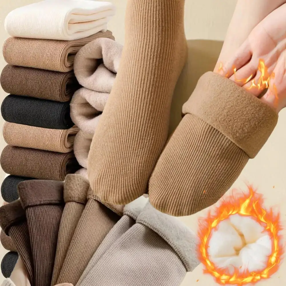 

5 Pairs Winter Warm Women Stripe Socks Fashion Korean Style Seamless Fleece Socks Solid Comfortable Versatile Calf Socks