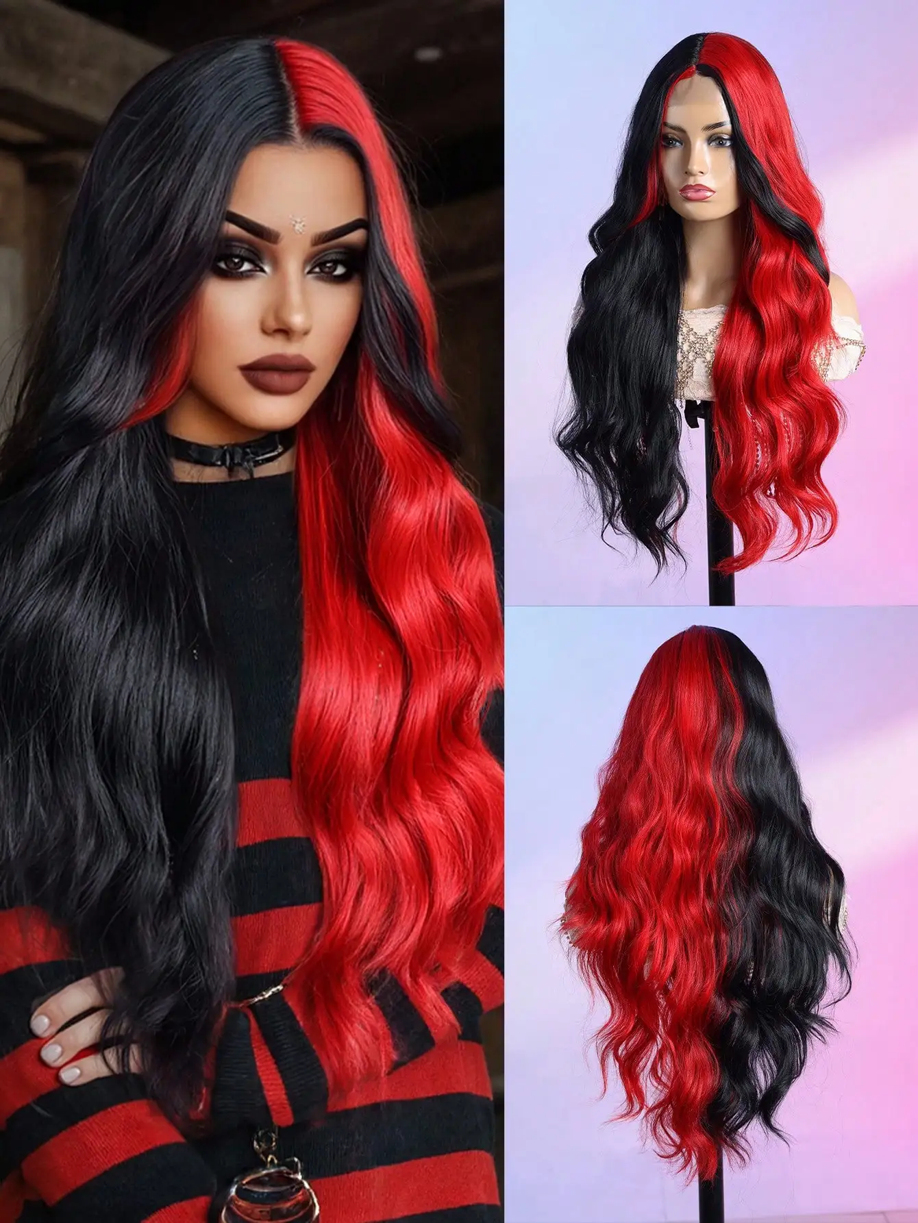 Pelucas de encaje con forma de U, en color negro y rojo/blanco, de 4 x 2 pulgadas, 28 pulgadas de largo, con ondas suaves, hechas de fibra sintética resistente al calor. Ideales como regalo para mujeres, para decoraciones navideñas, como regalo de Navidad, para fiestas de disfraces y para complementar cualquier atuendo. Apto para todas las personas. Fabricadas íntegramente a máquina, ideales para Halloween.