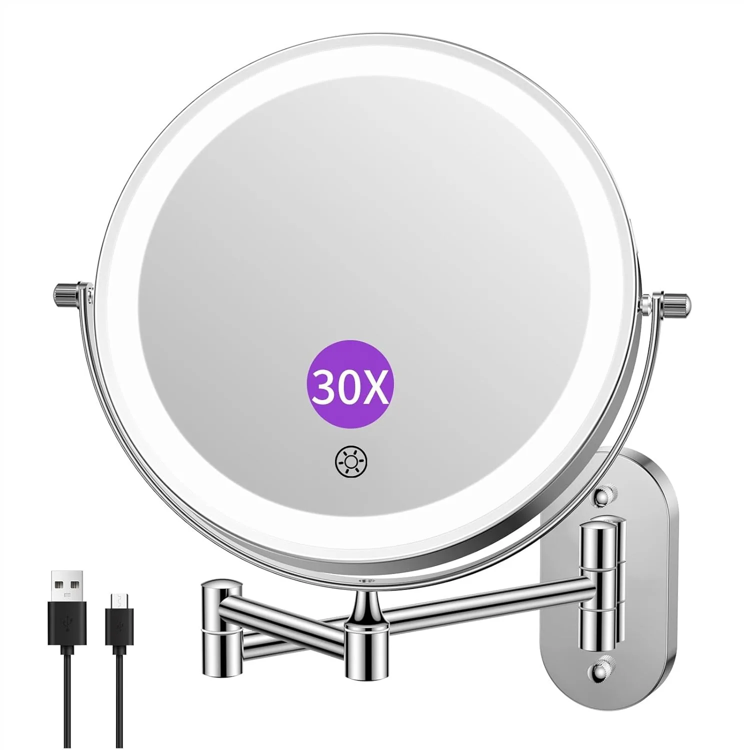 

Rechargeable Wall Mounted Lighted Makeup Mirror, Double Sided 1X 30X Magnifying, 3 Color Lighting Touch Screen Dimming, Extended