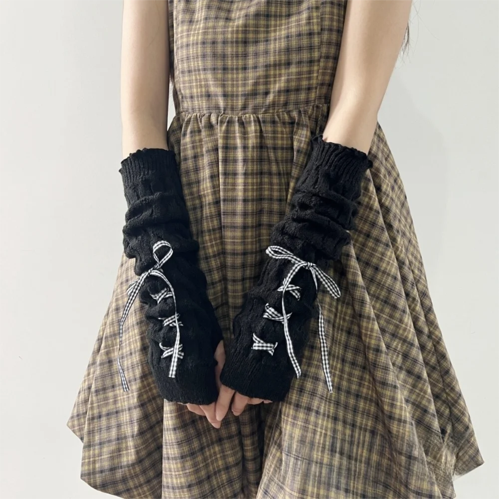 Fashion Long Arm Warmer Gloves Knitted Cold Proof Warm Arm Sleeve with Ribbon Fingerless Gloves Autumn Winter