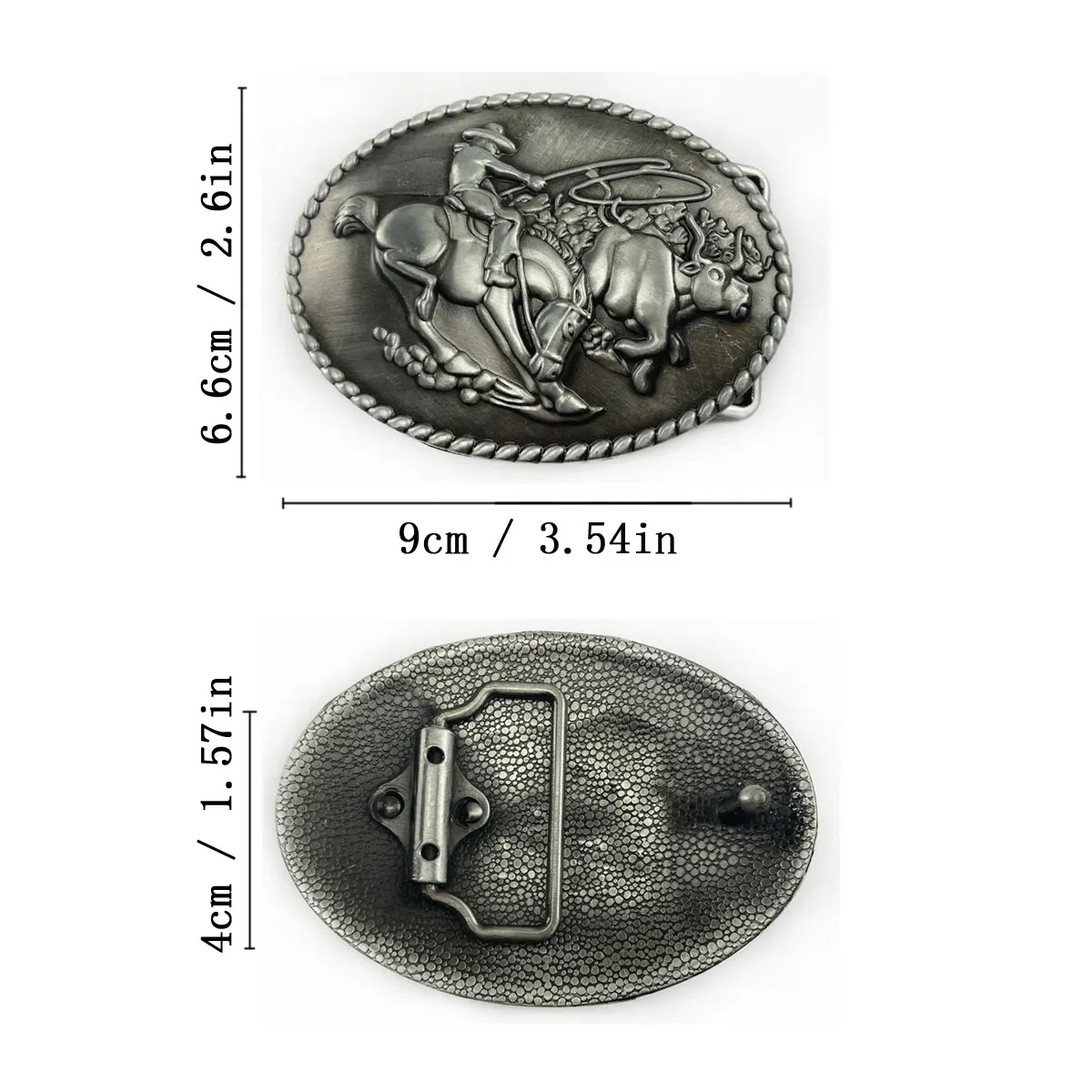 Retro Embossed Rodeo Cowboy Horse Bull Belt Buckle Antique Metal Rope Border Oval Western Country Cowboy Belt Buckle Mens Decor