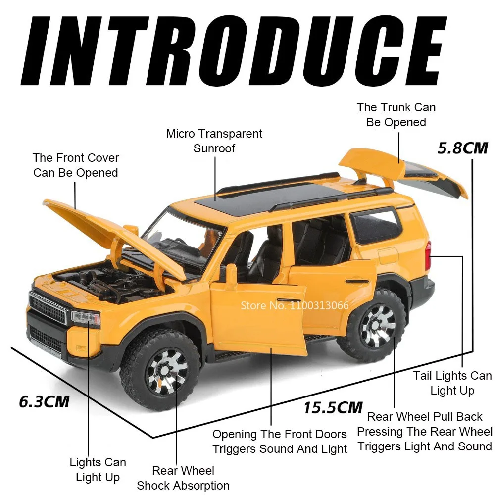 1:32 coches de aleación Prado Land Cruiser, modelo de juguete, rueda extraíble, puertas de vehículos todoterreno en miniatura, SUV abiertos para niños, los mejores regalos