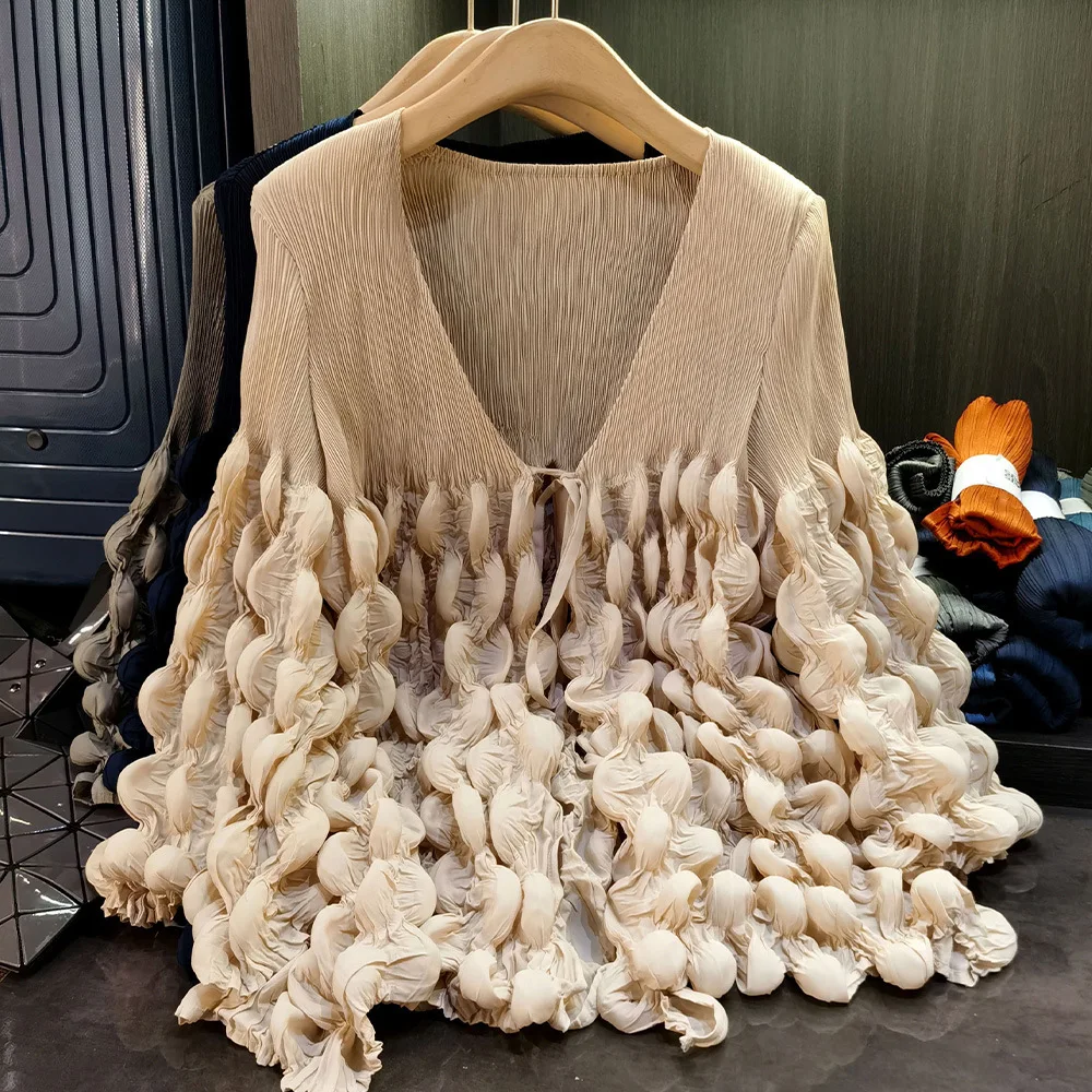 New Women Pleated Cardigan Puff Sleeve Coat Spring Summer Boho Tops Ruffled Hem Loose Exquisite Design Outerwear