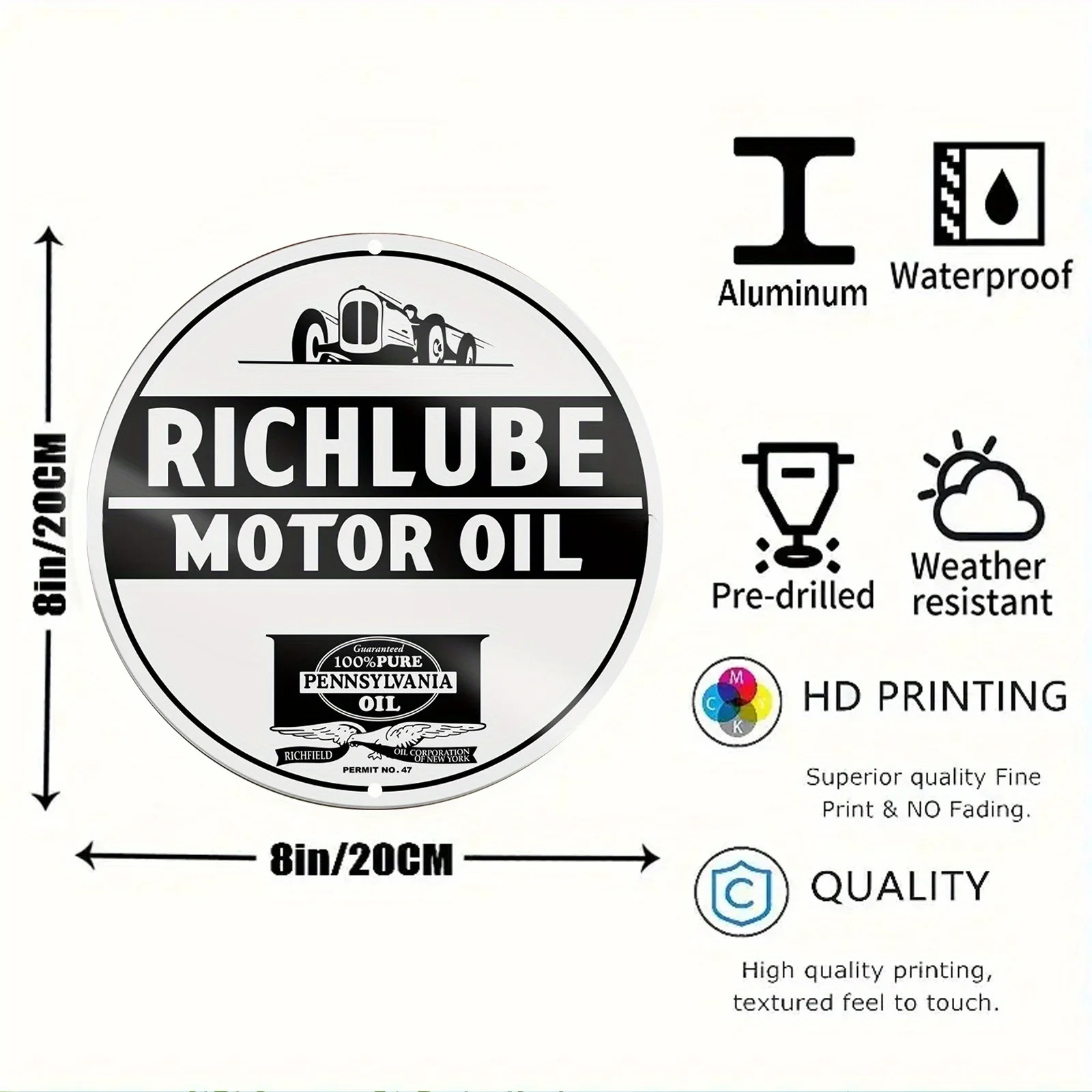 2D Flat Vintage Motor Oil Circular Aluminum Sign Scratch UV Resistant Garden Bar Decor