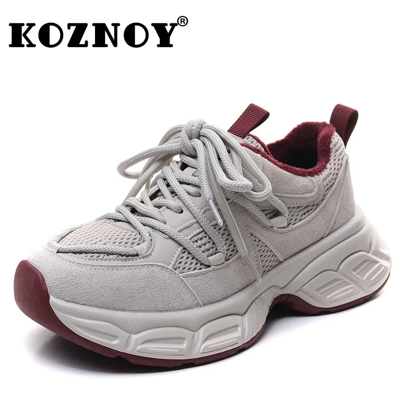 Koznoy 5CM Air Mesh Suede Genuine Leather Mixed Color Platform Wedge Autumn Flats Fashion Women Chunky Sneakers Causal Shoes