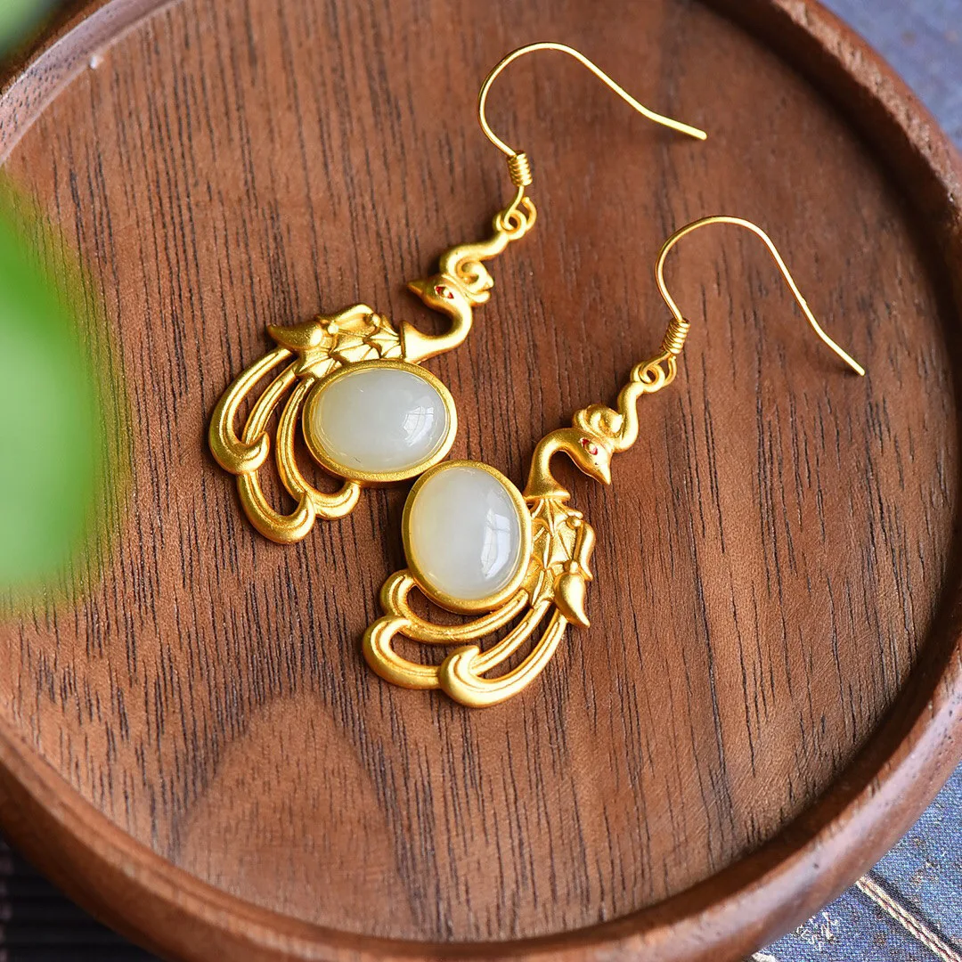 S925 Sterling Silver Stud Earrings With Natural Hetian Jade Vintage Style Women S Earrings Featuring Elegant Gold Ear Hooks