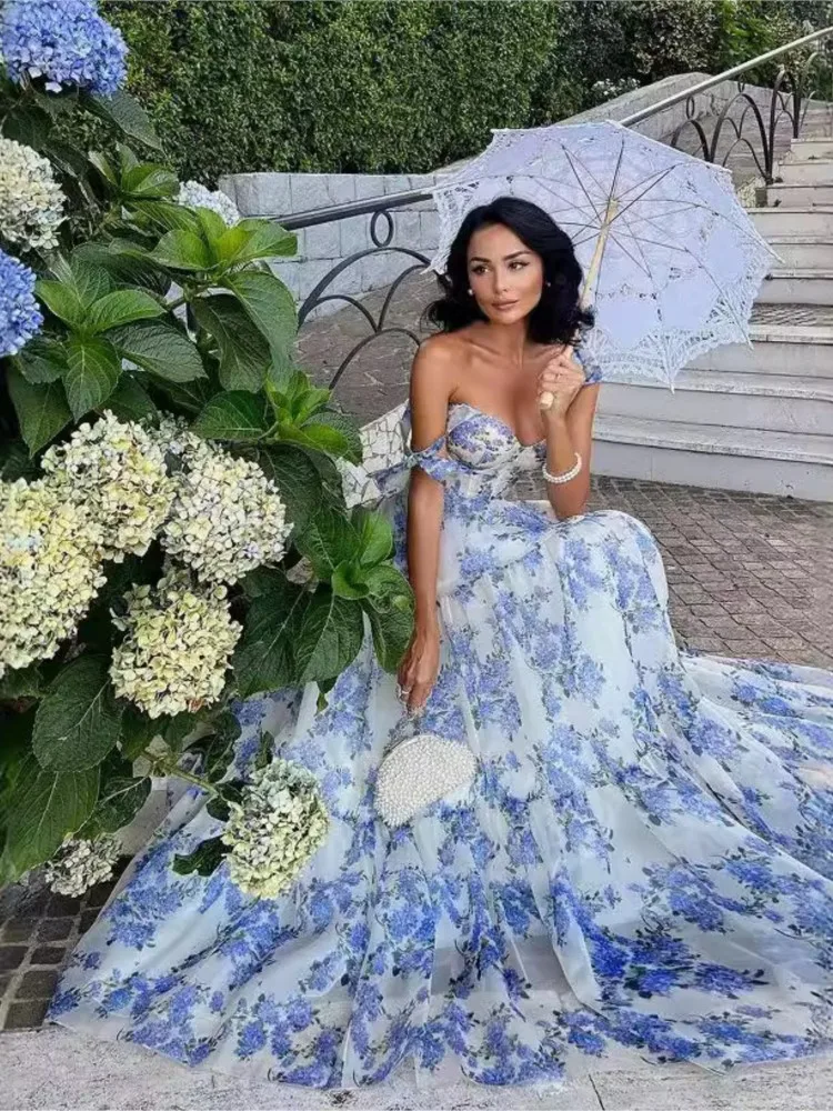 

Elegant Party Sleeveless Oversized Dress New Spring Summer Off Shoulder Women's Fashion Printed Organza Long Evening Gown