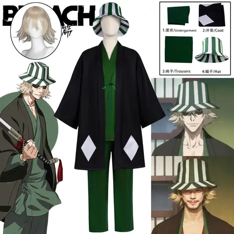Urahara Kisuke Costume Cosplay con Cappello Vestito Parrucca Kimono Verde Anime Halloween Carnevale Festa di Ruolo Uomini Bleach Cos Abiti
