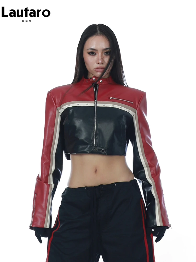 Lautaro Spring Autumn Cool Patchwork Crop Pu Leather Jacket Women Long Sleeve Luxury Designer Clothes Runway European Fashion