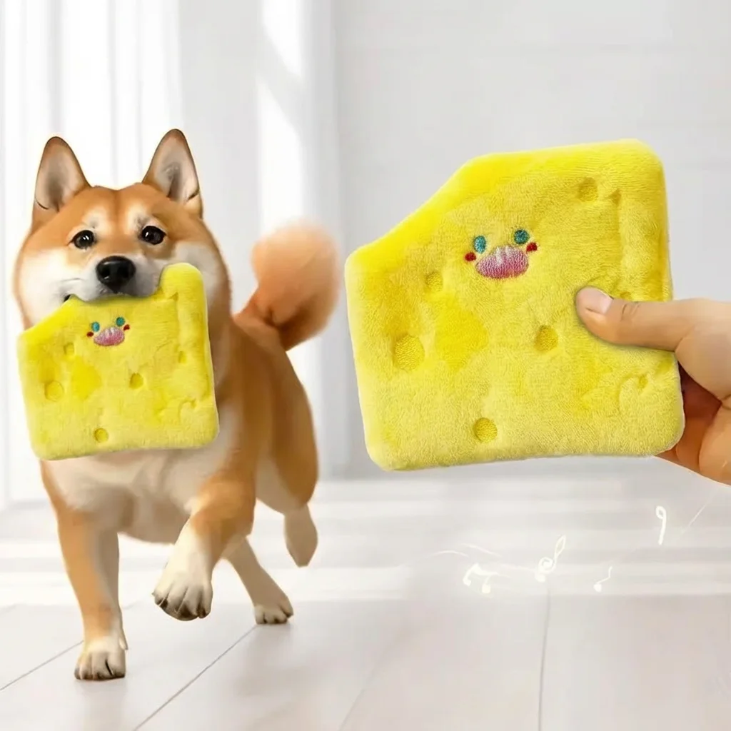 Cute Cheese Shaped Plush Squeaky Dog Toy Soft Bite Resistant Teething Chew Toy Embroidery Design Anxiety Relief Interactive Toy